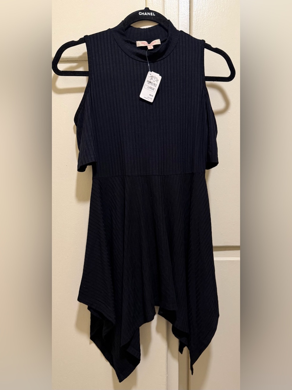 New Cold shoulder Black Ribbed  Asymmetrical Hem Dress/top